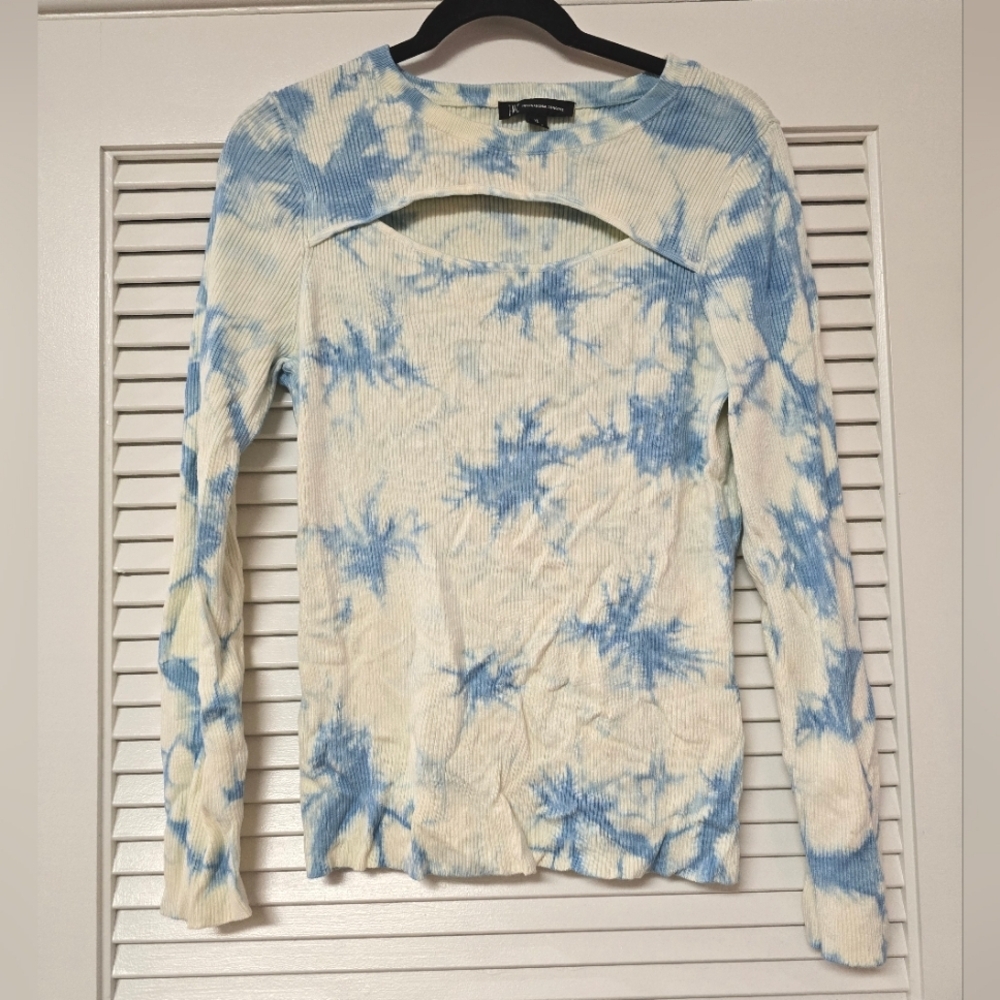 INC International Concepts - Cream & Blue Ribbed Long-Sleeve Tie-Dye Top